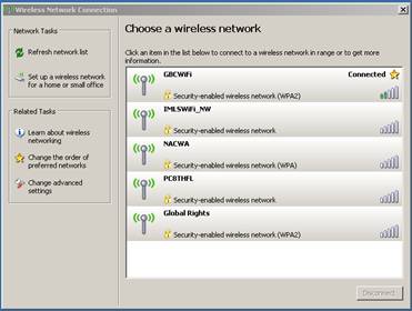 Wireless Network Connection screen